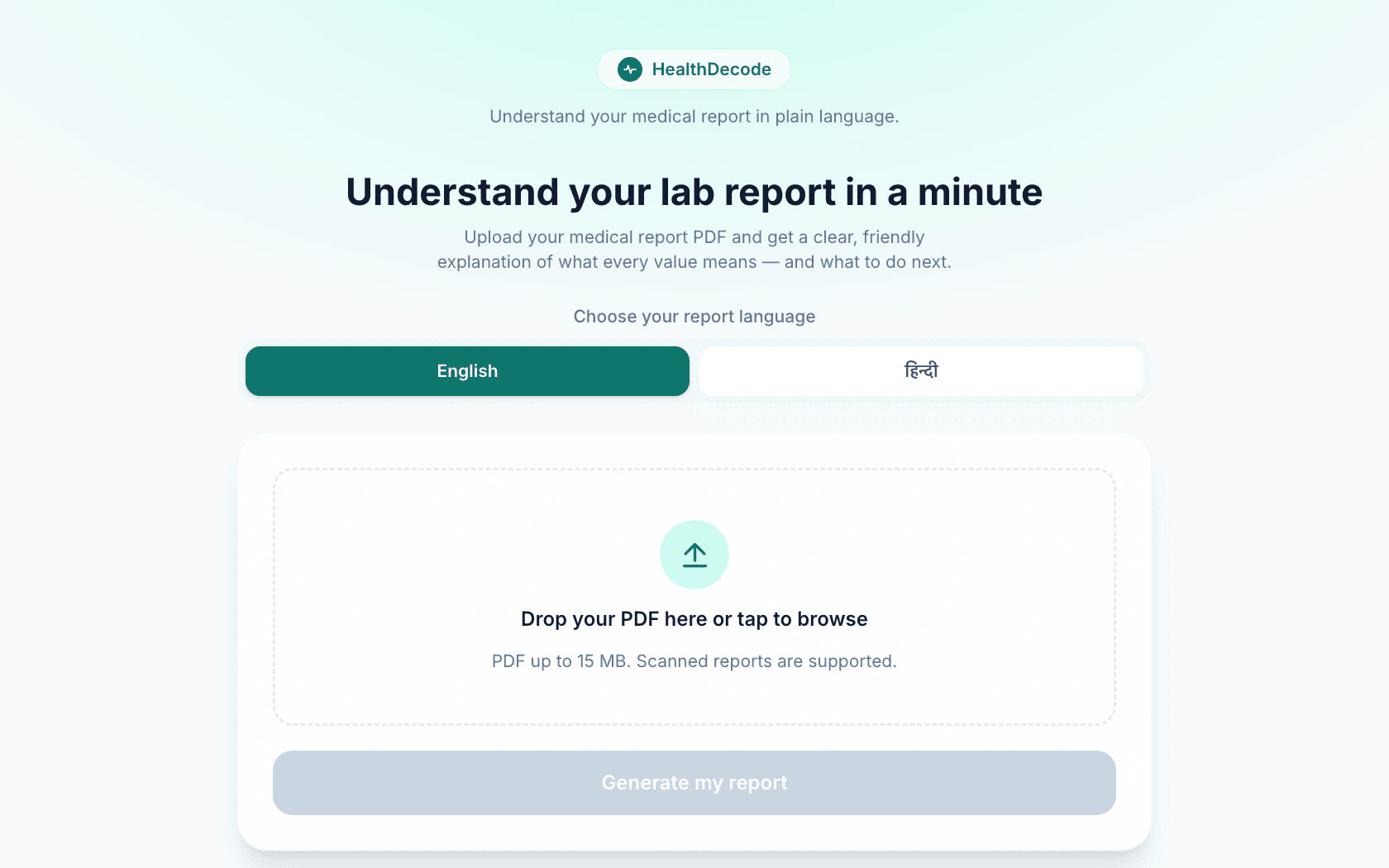 HealthDecode upload screen: a choice between English and Hindi above a drop zone for a lab report PDF