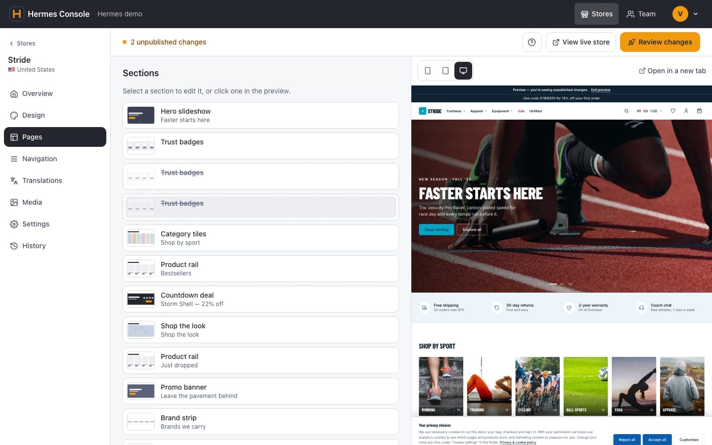 Hermes Console page builder: homepage sections listed on the left, the Stride storefront in draft preview on the right