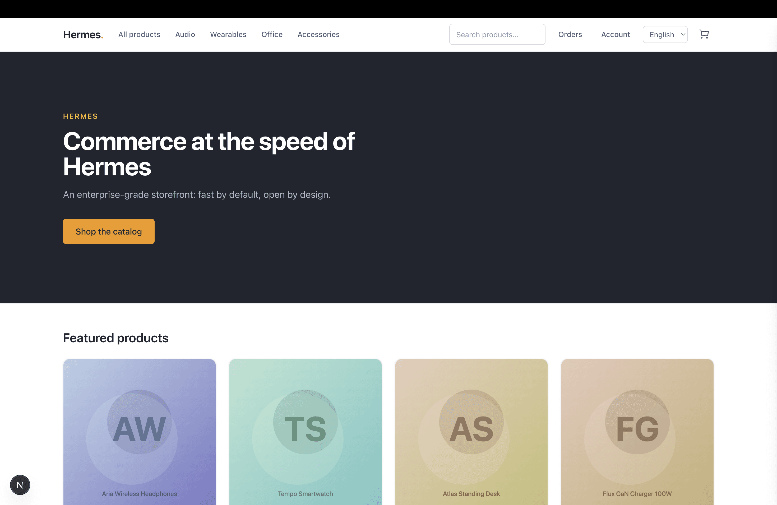 Hermes storefront home page: dark hero reading 'Commerce at the speed of Hermes' above a row of four featured products