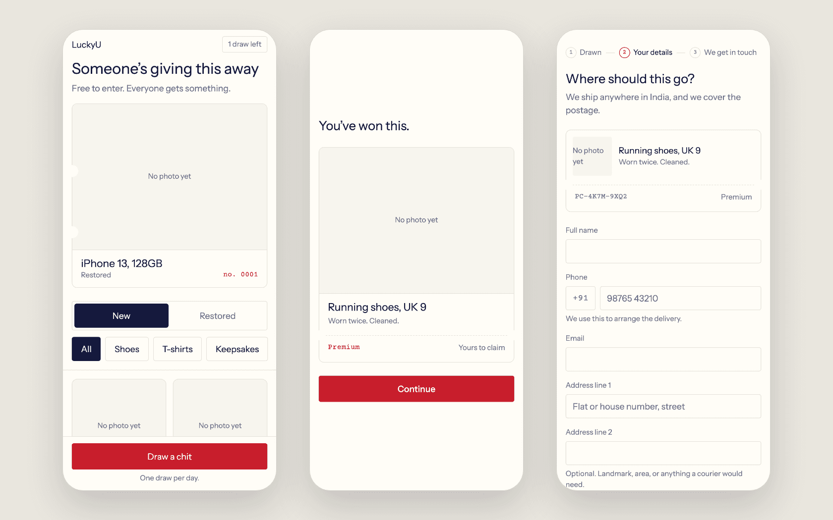 LuckyU on a phone, three screens: the catalogue with a Draw a chit button, the 'You've won this' reveal, and the claim form with its claim code