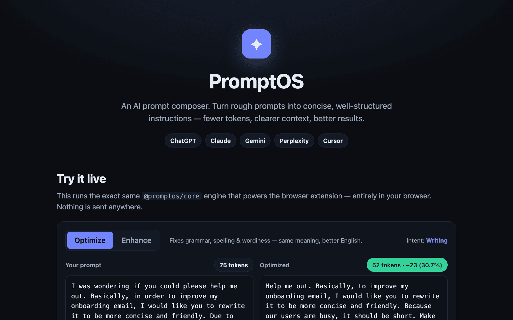 promptOS web app: a wordy prompt beside its shorter rewrite, with a token count on each side