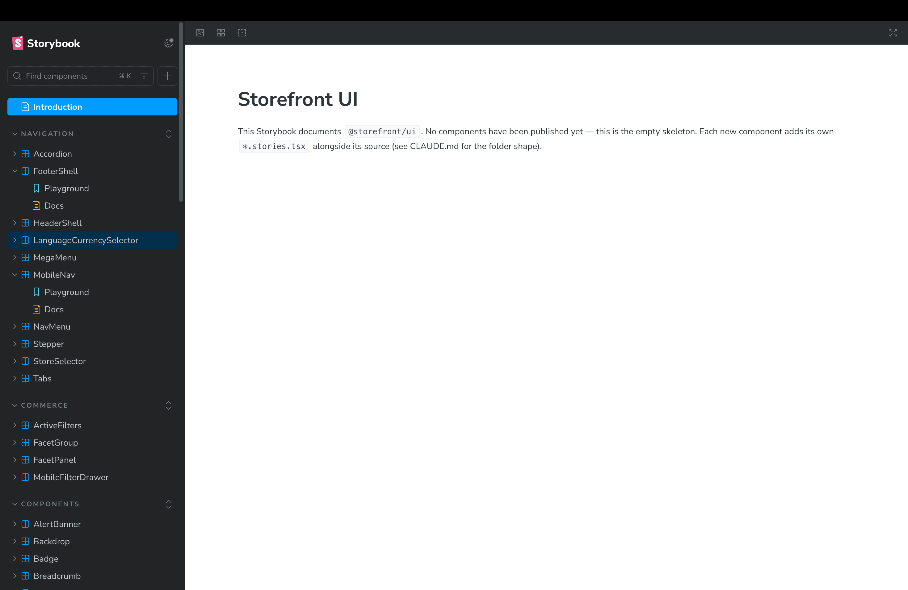 storefront-ui in Storybook: sidebar listing Navigation, Commerce and Components groups — Accordion, MegaMenu, FacetPanel, Badge and more